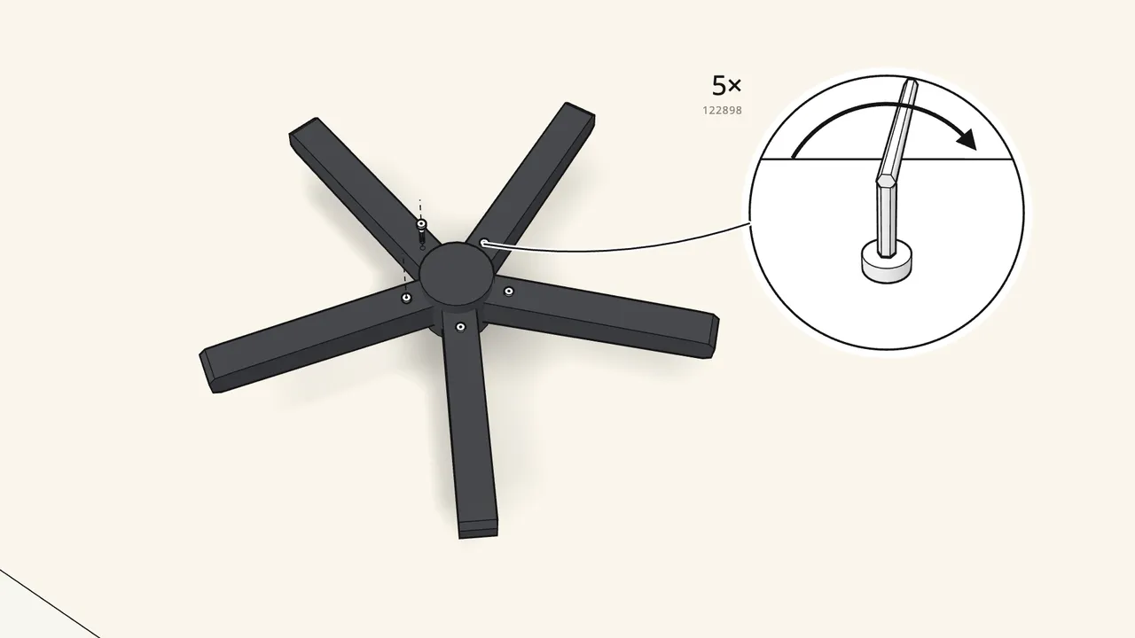 Step 2: Fix the base with 5 short bolts (122898) and the Allen key. — IKEA ALEFJÄLL assembly