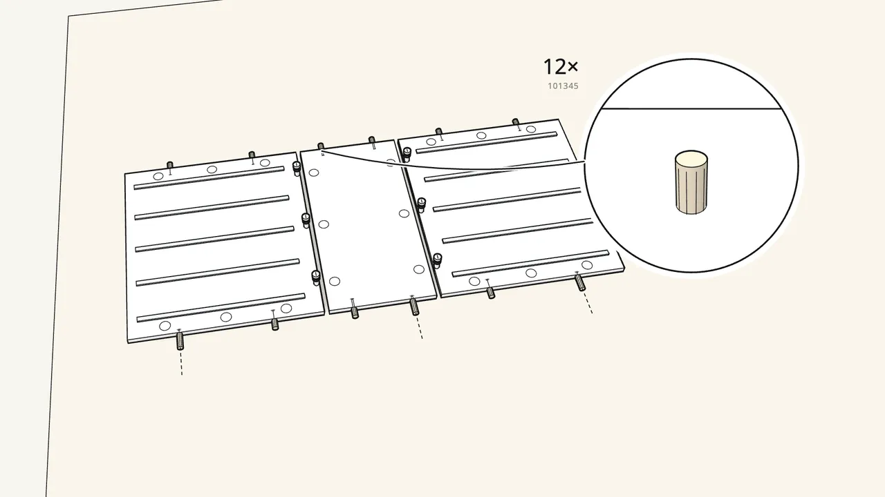 Step 2: Push 12 wooden dowels into the ends of the sides and the back panel. — IKEA ALEX assembly