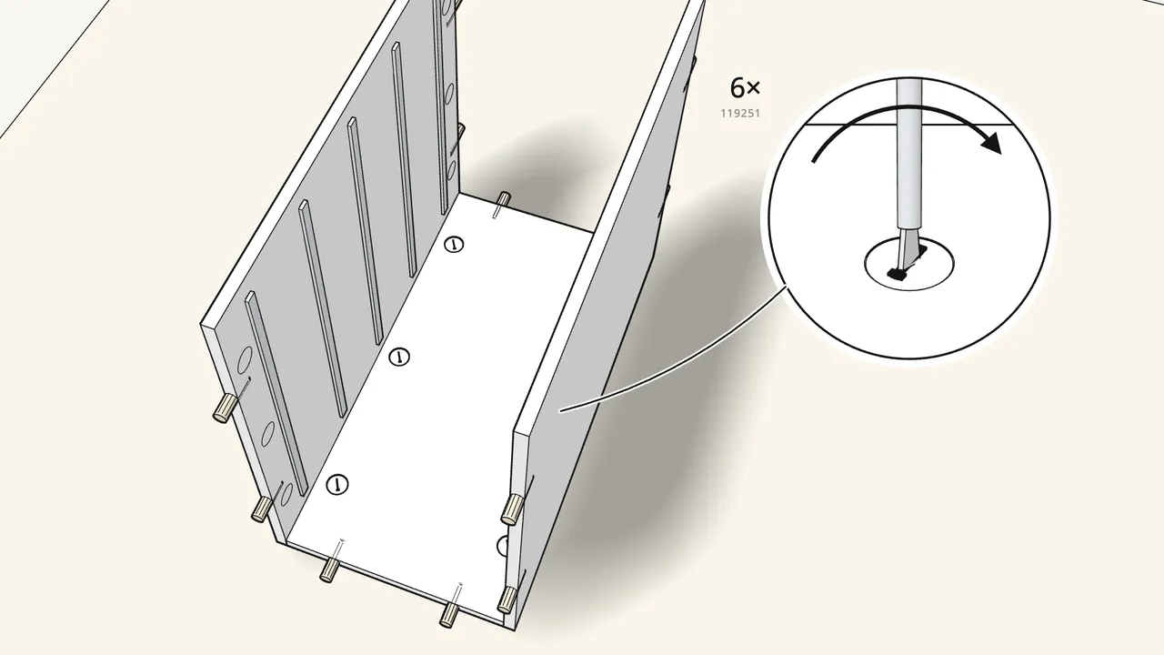 Step 4: Insert 6 cam locks (119251) and turn them clockwise to lock. — IKEA ALEX assembly