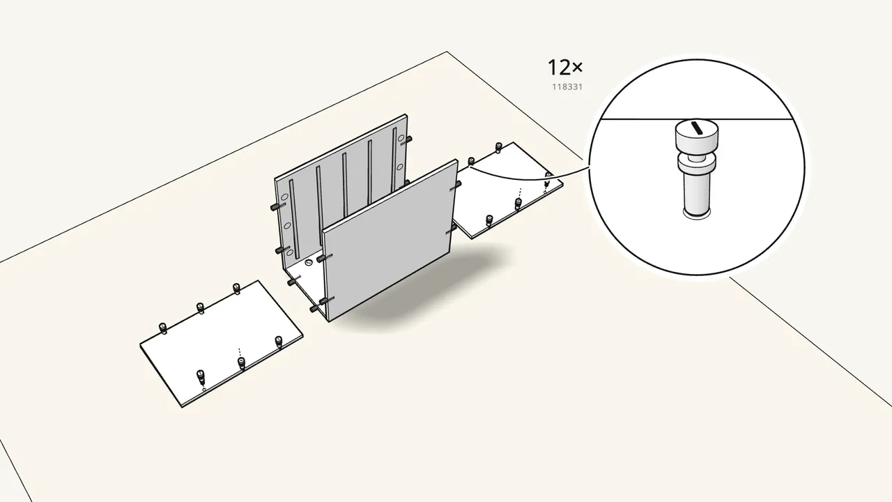 Step 5: Screw 12 cam bolts into the top and bottom panels. — IKEA ALEX assembly