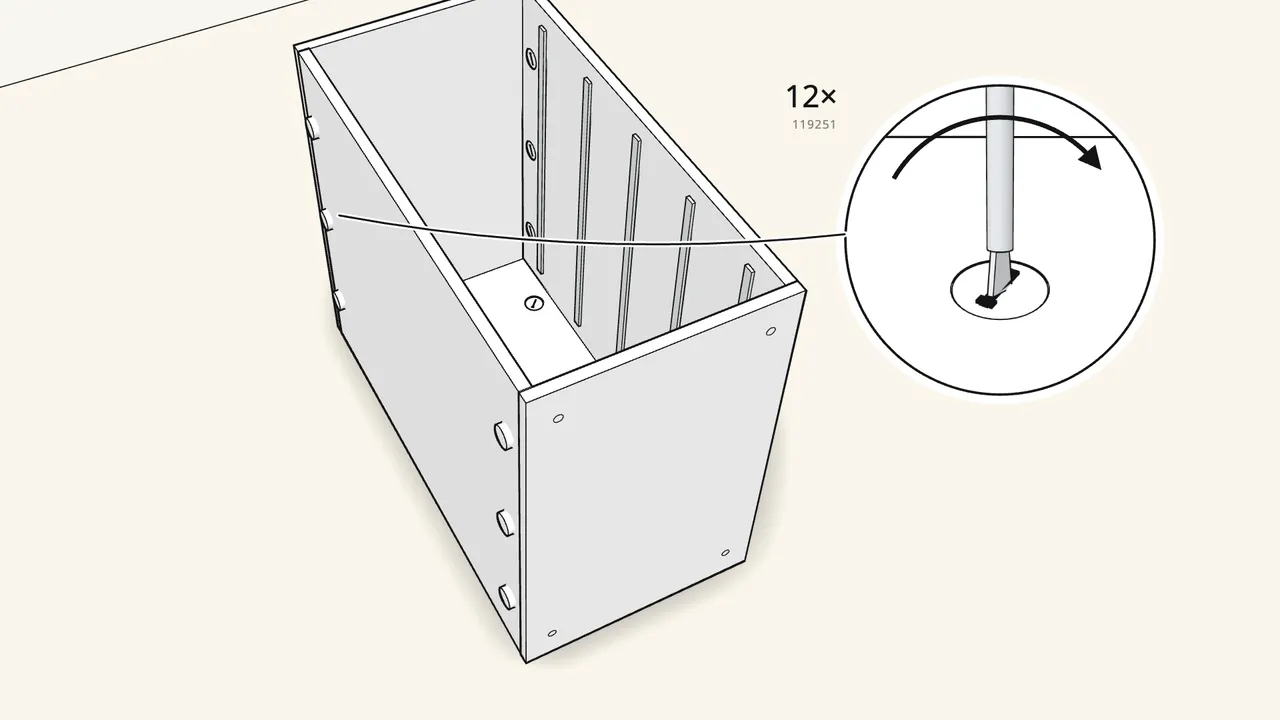 Step 7: Insert 12 cam locks (119251) in the sides and turn them clockwise. — IKEA ALEX assembly