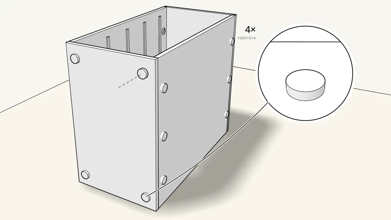 Step 8: Press the 4 glides into the bottom, then stand the unit up. — IKEA ALEX assembly