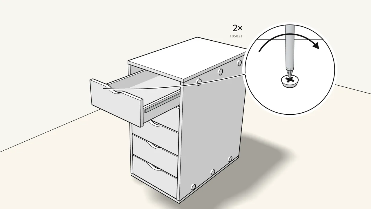 Step 20: Pull each drawer out and fix it to its runners with 2 screws (105021). — IKEA ALEX assembly