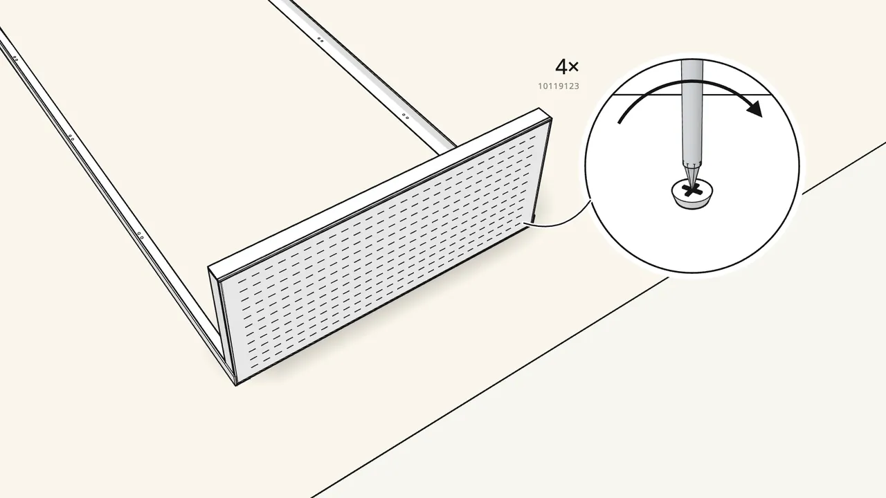 Step 2: Screw the shelf to both legs — 4 screws (10119123). — IKEA BAGGEBO assembly