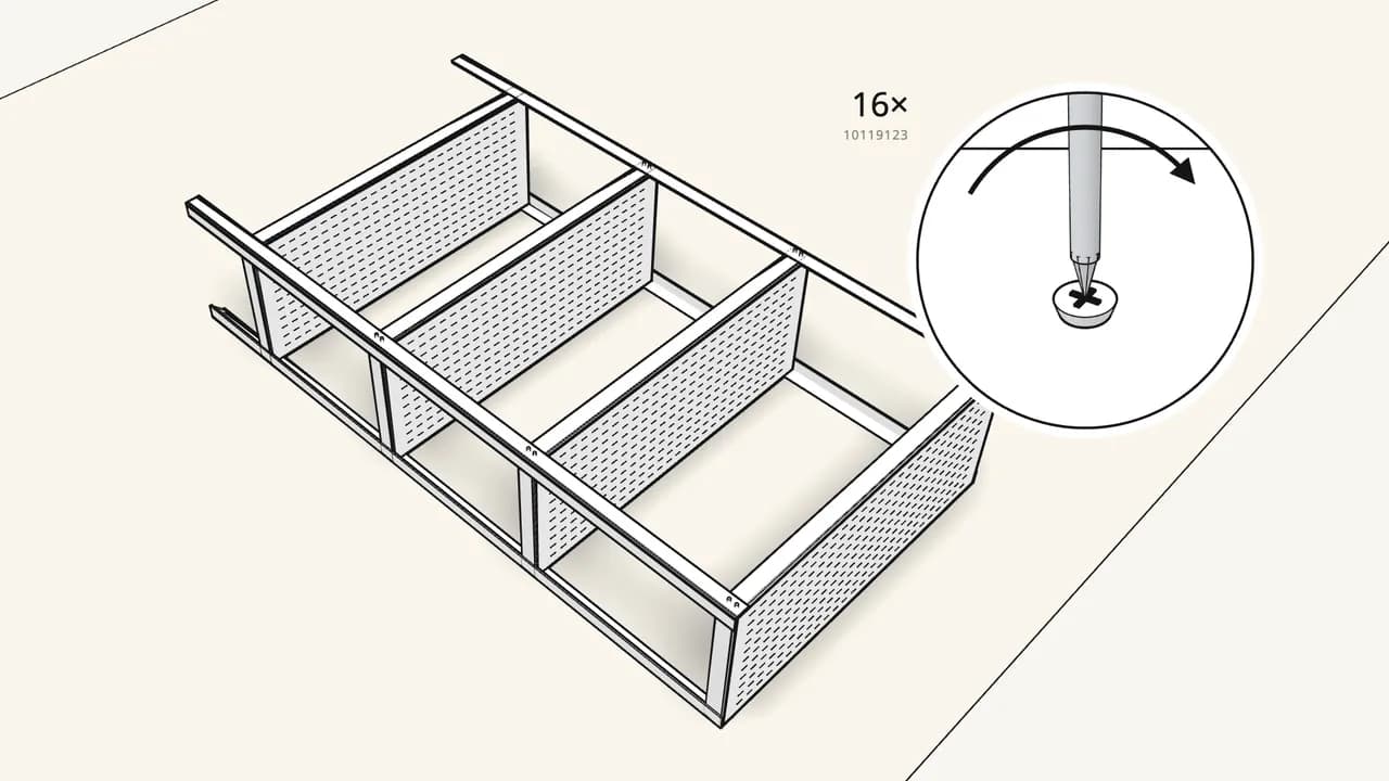 Step 6: Screw them to all 4 shelves — 16 screws (10119123). — IKEA BAGGEBO assembly