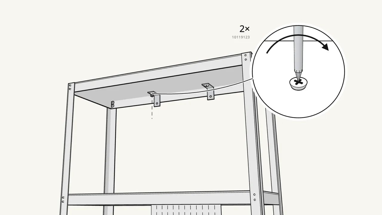 Step 11: Fit the 2 wall brackets (10062215) under the top shelf. — IKEA BAGGEBO assembly