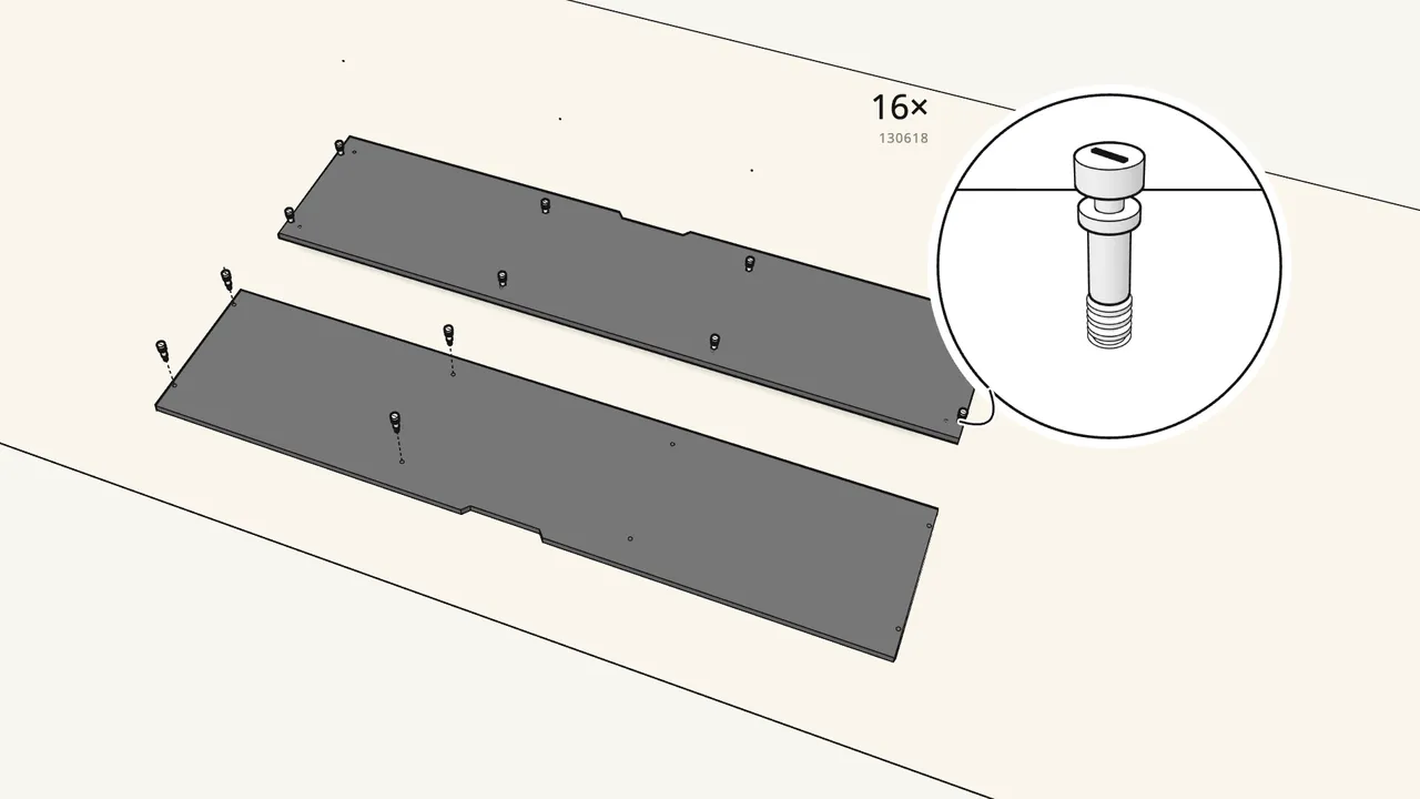 Step 2: Turn it over and screw 16 cam bolts (130618) into the long panels. — IKEA BESTÅ assembly