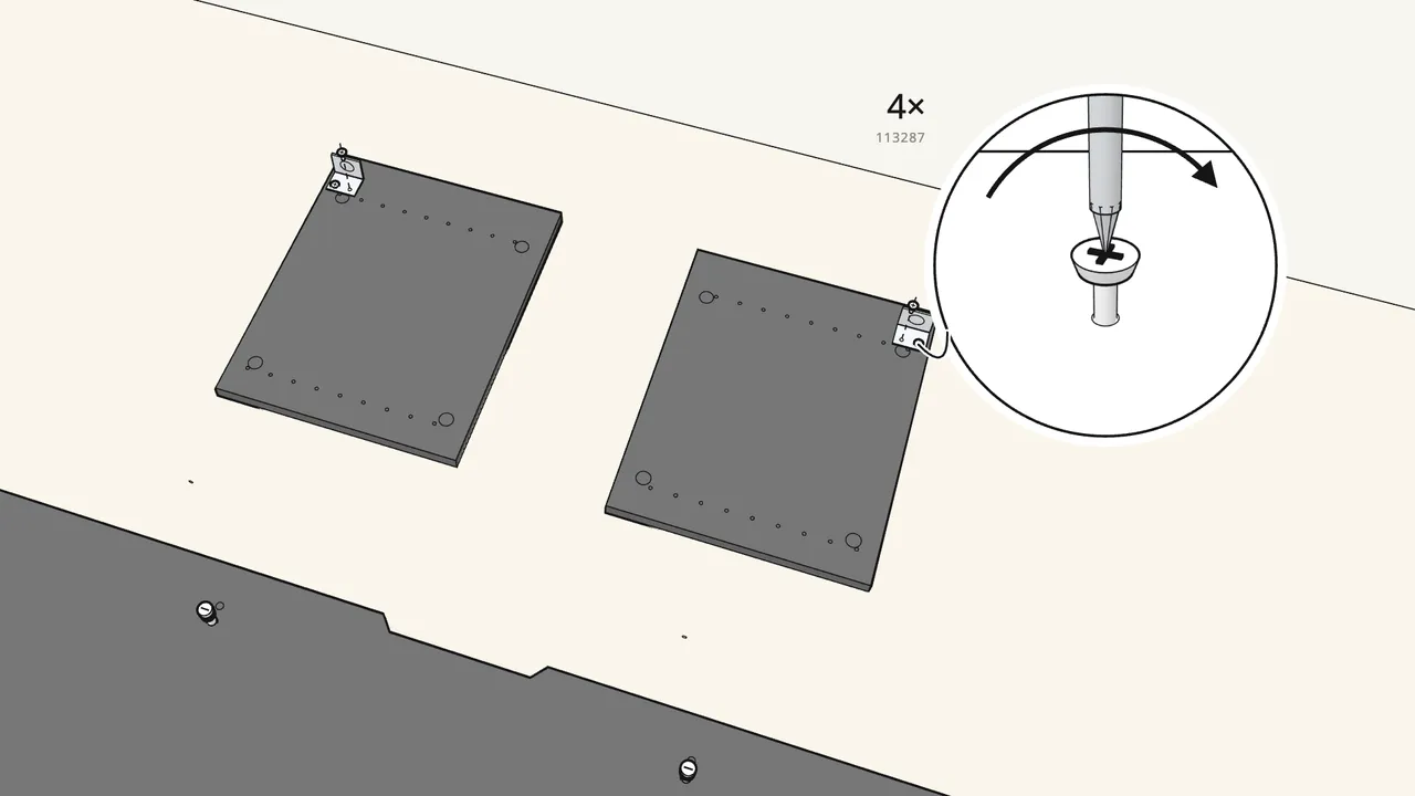 Step 3: Screw a fitting (144342) onto each end panel with 2 screws (113287). — IKEA BESTÅ assembly
