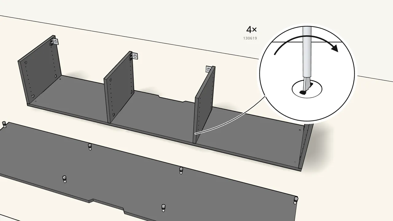 Step 8: Insert 4 cam locks (130619) in the dividers and turn them. — IKEA BESTÅ assembly