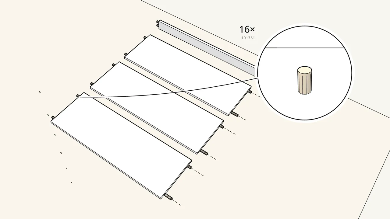 Step 1: Push 16 wooden dowels into the ends of four panels. — IKEA BILLY assembly