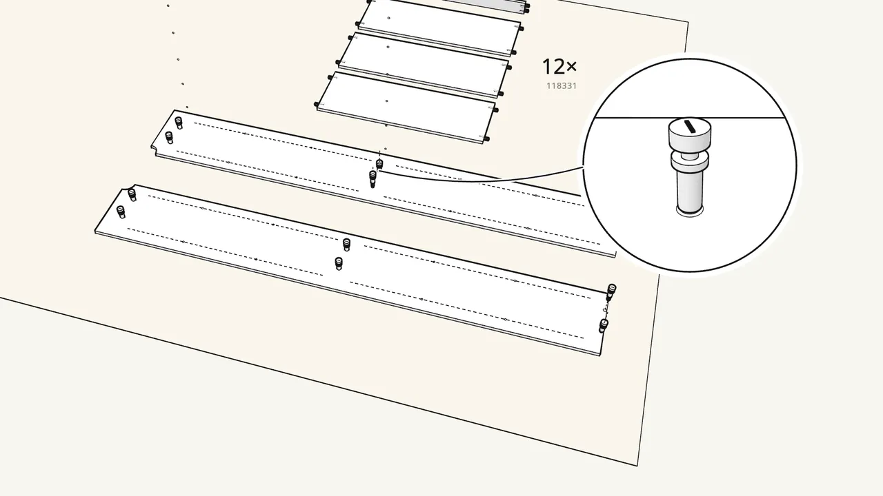 Step 2: Screw 12 cam bolts into the two side panels. — IKEA BILLY assembly