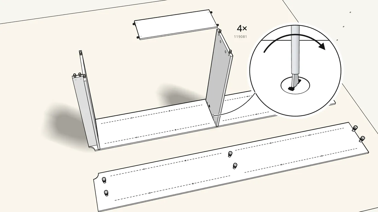 Step 4: Insert 4 cam locks (119081) and turn them clockwise. — IKEA BILLY assembly