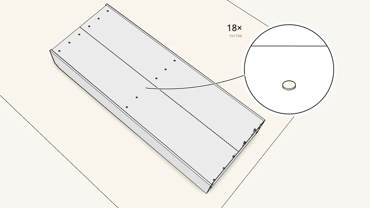 Step 11: Press 18 plastic plugs (151706) through the back. — IKEA BILLY assembly