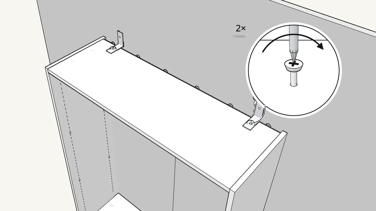 Step 14: Screw 2 wall brackets (106989) to the top panel. — IKEA BILLY assembly