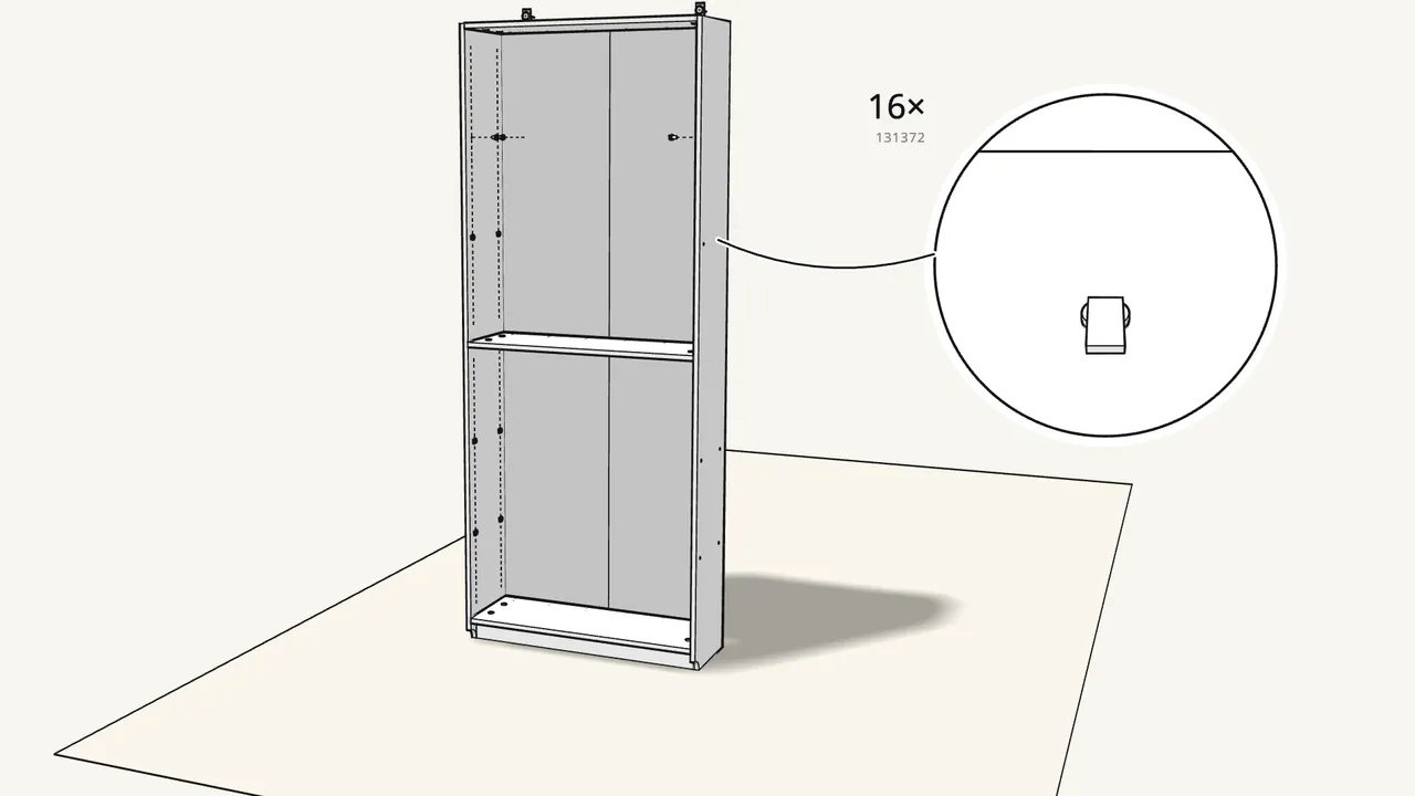 Step 16: Push 16 shelf supports (131372) into the side holes. — IKEA BILLY assembly
