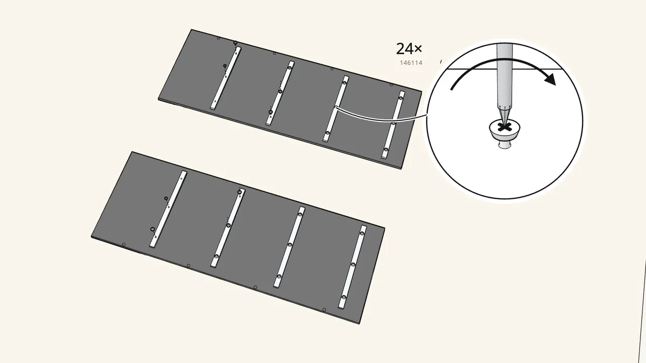 Step 1: Screw 4 runners onto each side panel — 12 screws (146114) per side. — IKEA BRIMNES assembly