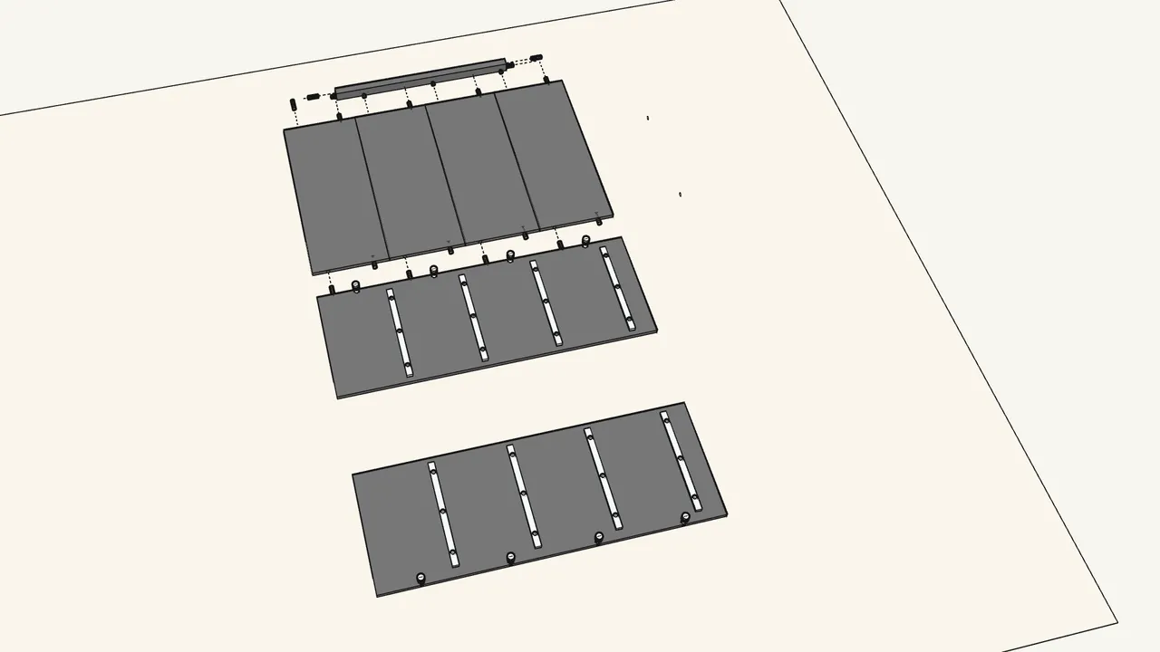 Step 2: Screw 8 cam bolts (118331) into the sides. Push 20 dowels into the rail and back panels. — IKEA BRIMNES assembly