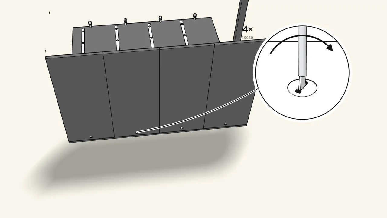 Step 4: Insert 4 cam locks (119030) in the back panels and turn them clockwise. — IKEA BRIMNES assembly