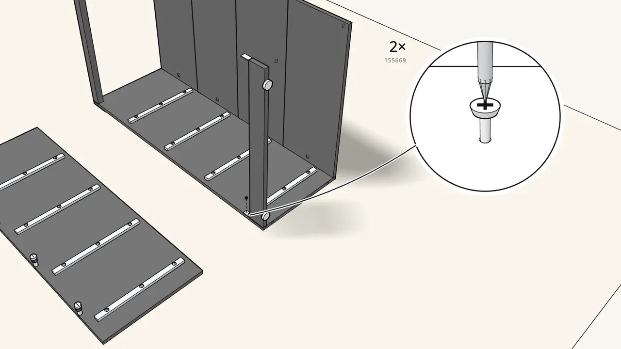 Step 6: Fit the plinth to the bottom front corner. Fix it with 2 screws (155669). — IKEA BRIMNES assembly