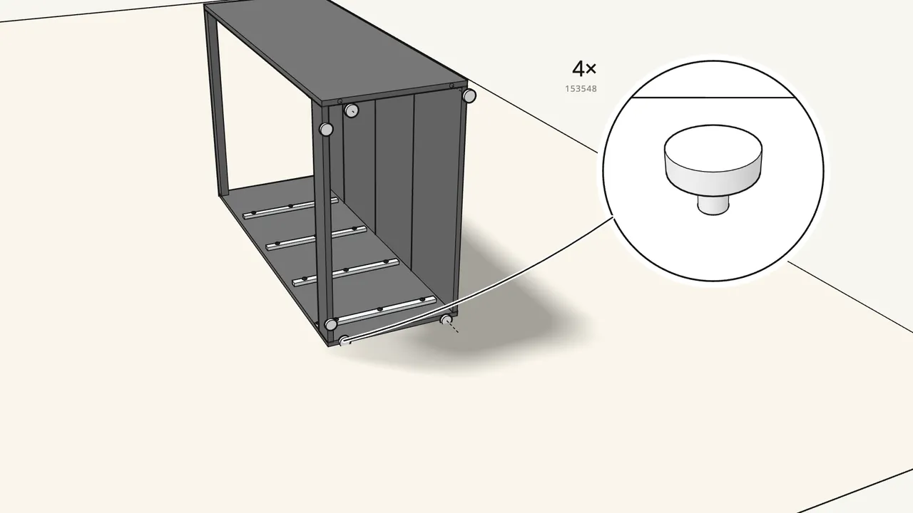 Step 8: Screw the plinth bracket to this side (2 × 155669). Press 4 feet into the sides. — IKEA BRIMNES assembly