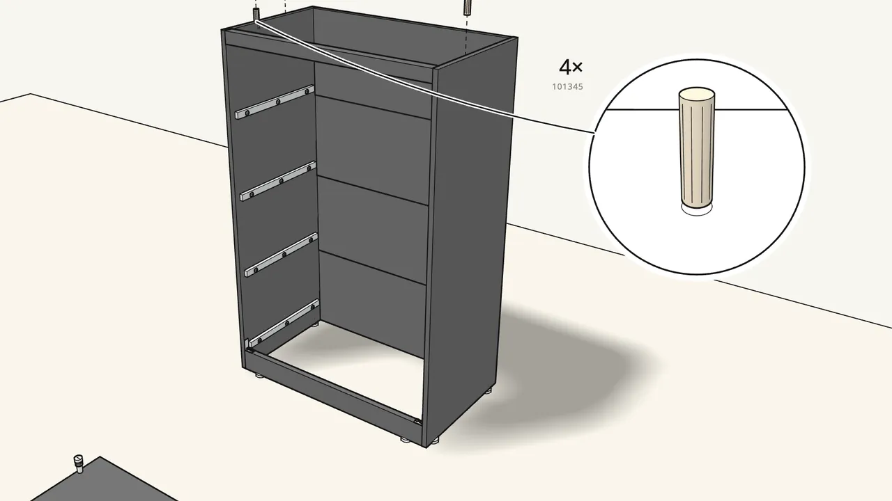 Step 10: Stand the frame upright. Push 4 dowels into the top edges of the sides. — IKEA BRIMNES assembly