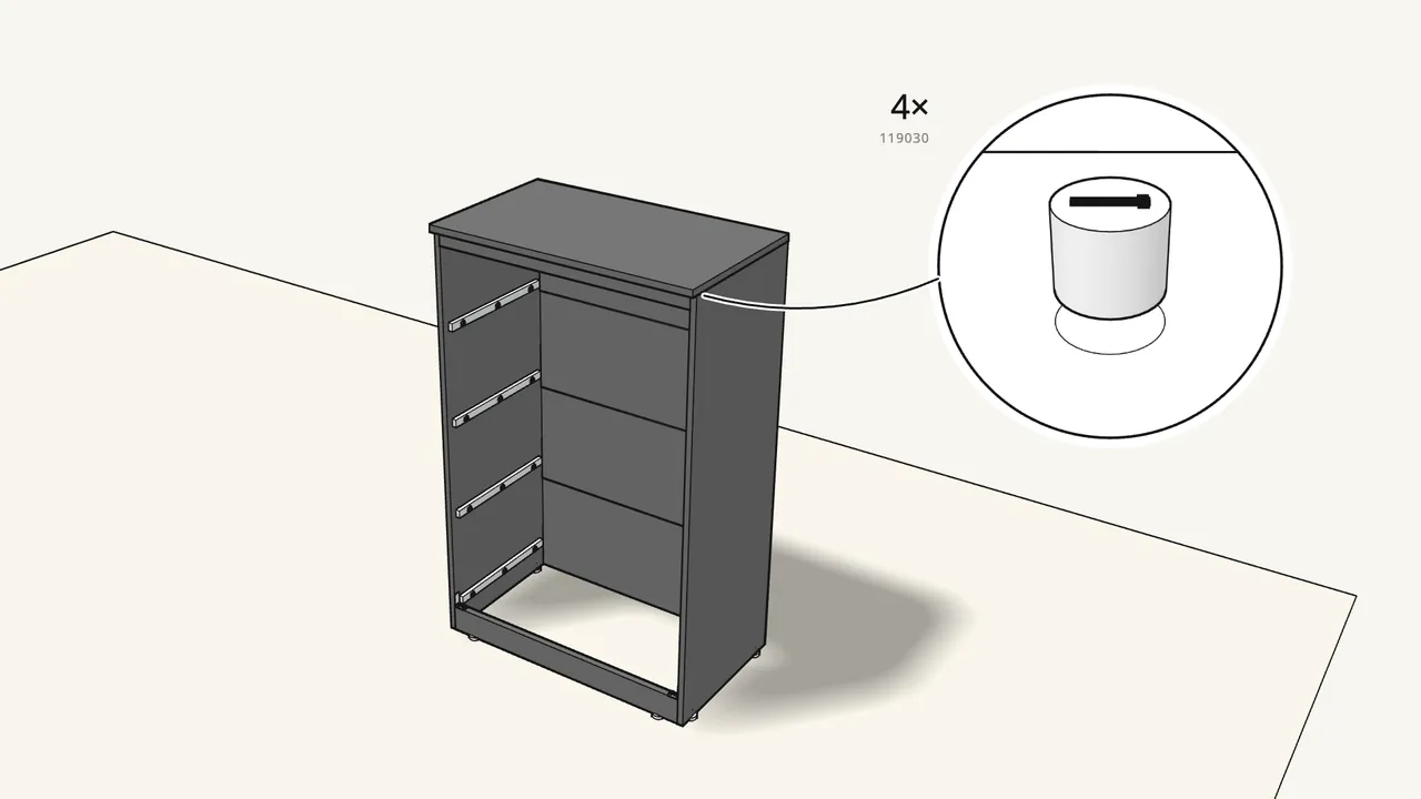 Step 11: Lower the top on and lock it with 4 cam locks (119030). — IKEA BRIMNES assembly