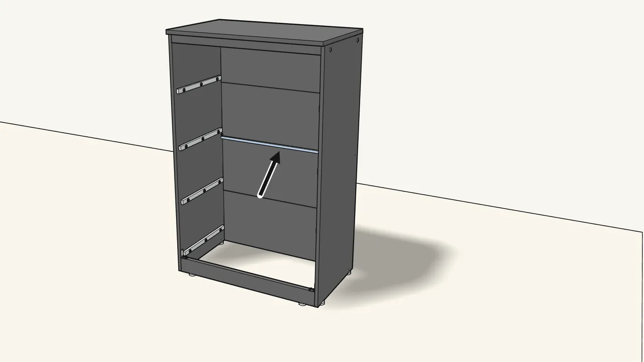 Step 13: Screw 2 screws (155669) into the sides and hook on the metal back stay. — IKEA BRIMNES assembly