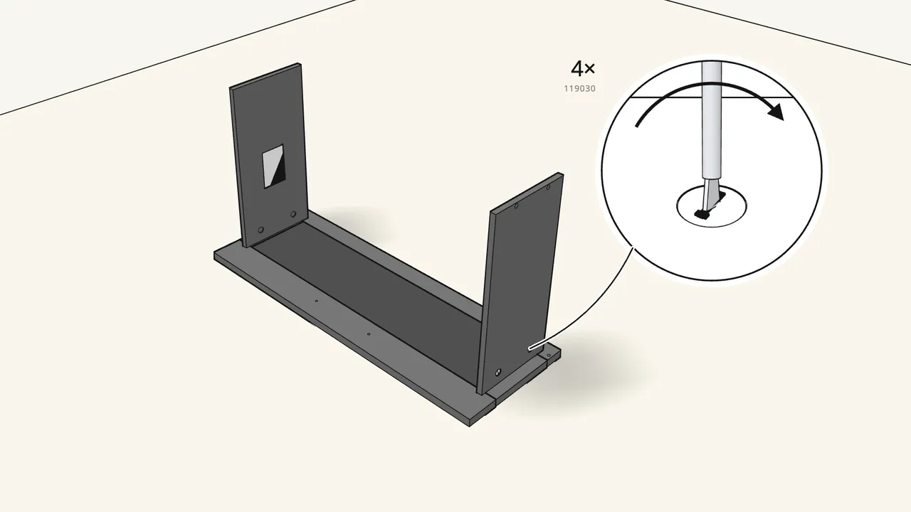 Step 16: Insert 4 cam locks (119030) and turn them to lock. — IKEA BRIMNES assembly