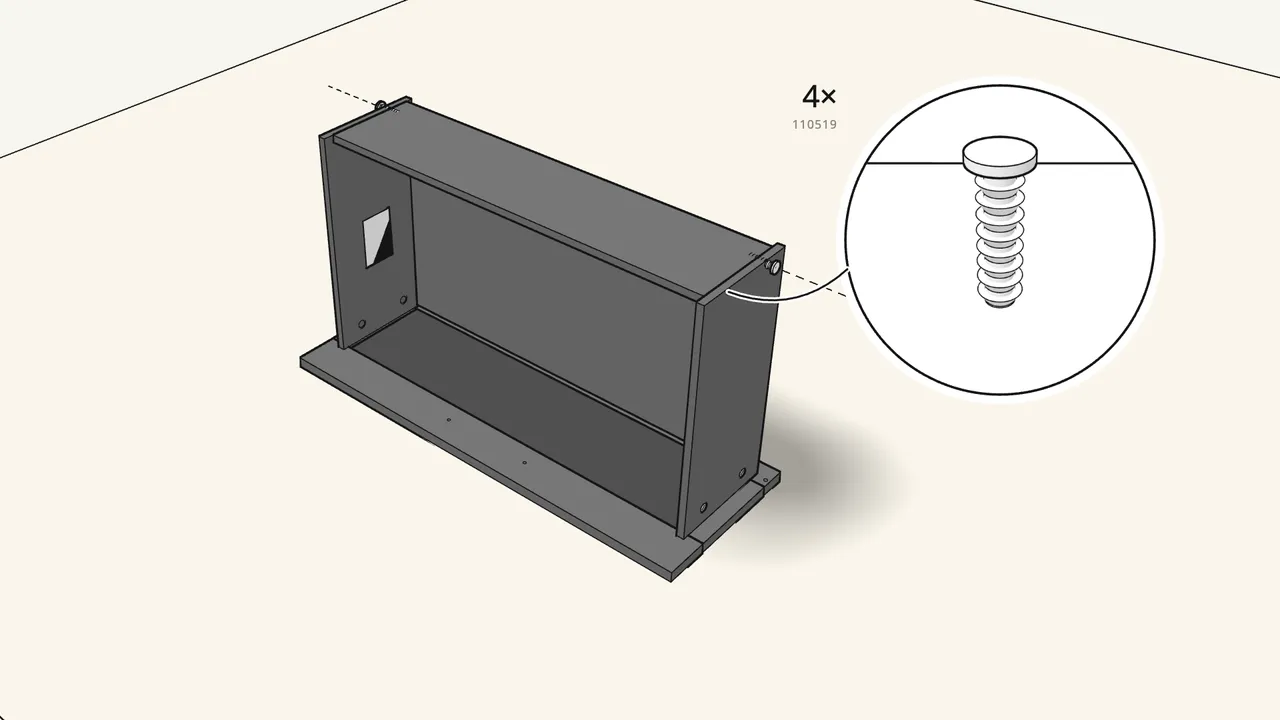Step 17: Slide the bottom into the grooves, lay the back on and tap in 4 screw-dowels. — IKEA BRIMNES assembly