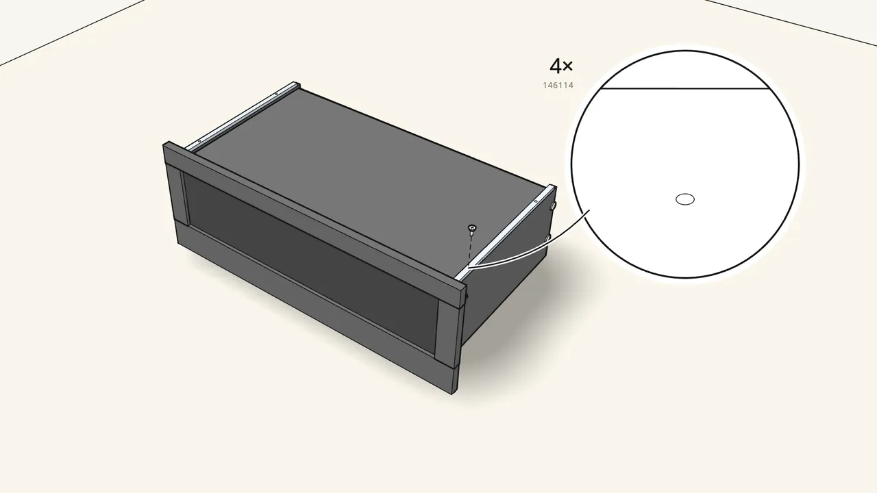 Step 18: Stick on 2 bumpers. Turn the drawer over and screw on the runners. — IKEA BRIMNES assembly