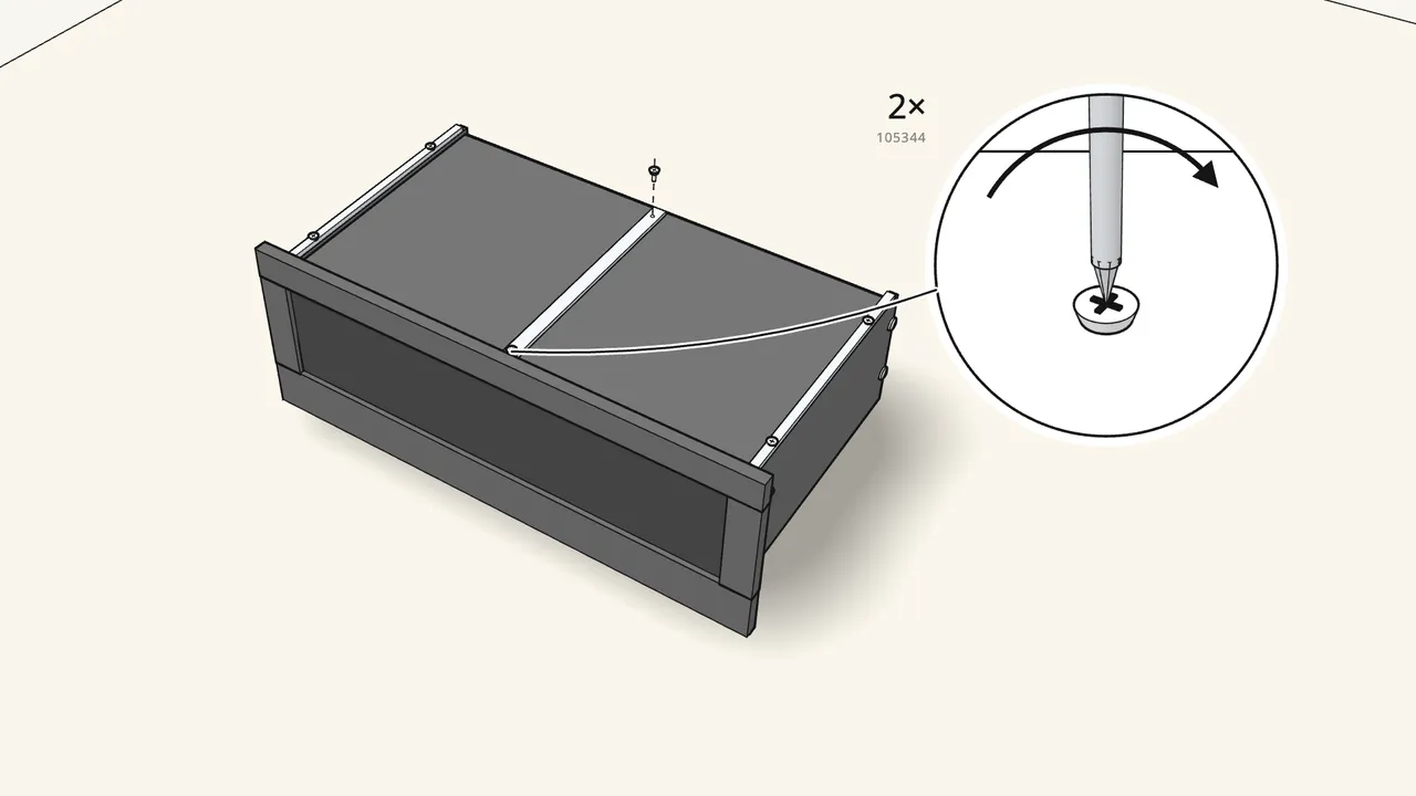 Step 19: Screw the support bar (123771) under the bottom with 2 screws (105344). — IKEA BRIMNES assembly
