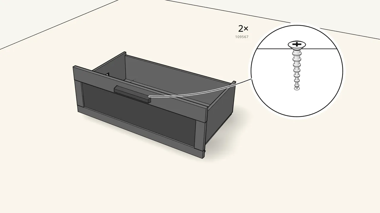 Step 20: Turn it upright and screw on the handle from the inside (2 × 109567). — IKEA BRIMNES assembly