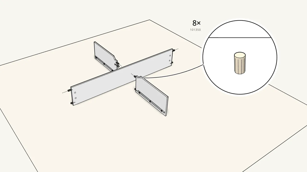 Step 3: Push 8 dowels (101350) into the divider and spine ends. — IKEA BRIMNES assembly