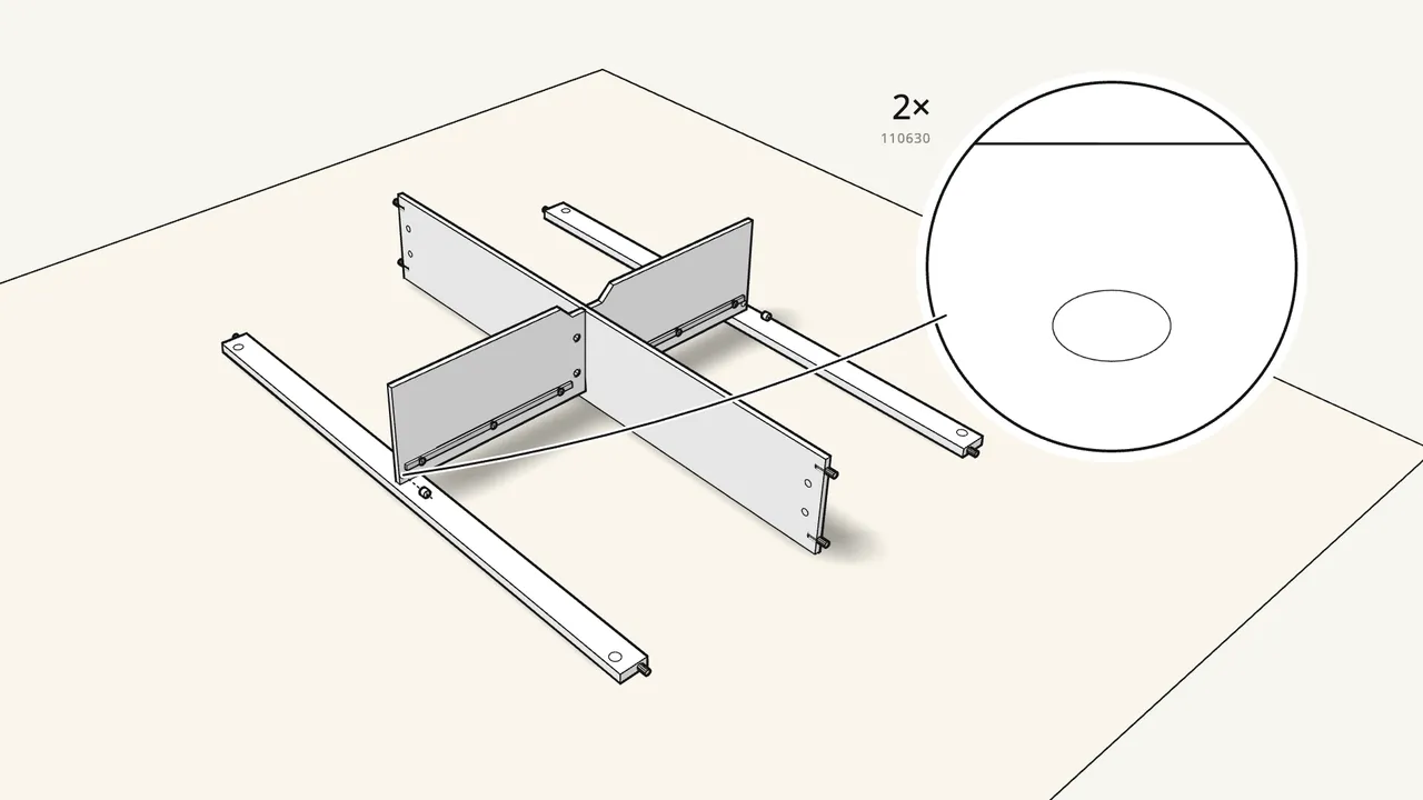 Step 6: Set the cross onto the floor rails and lock 2 cam locks. — IKEA BRIMNES assembly