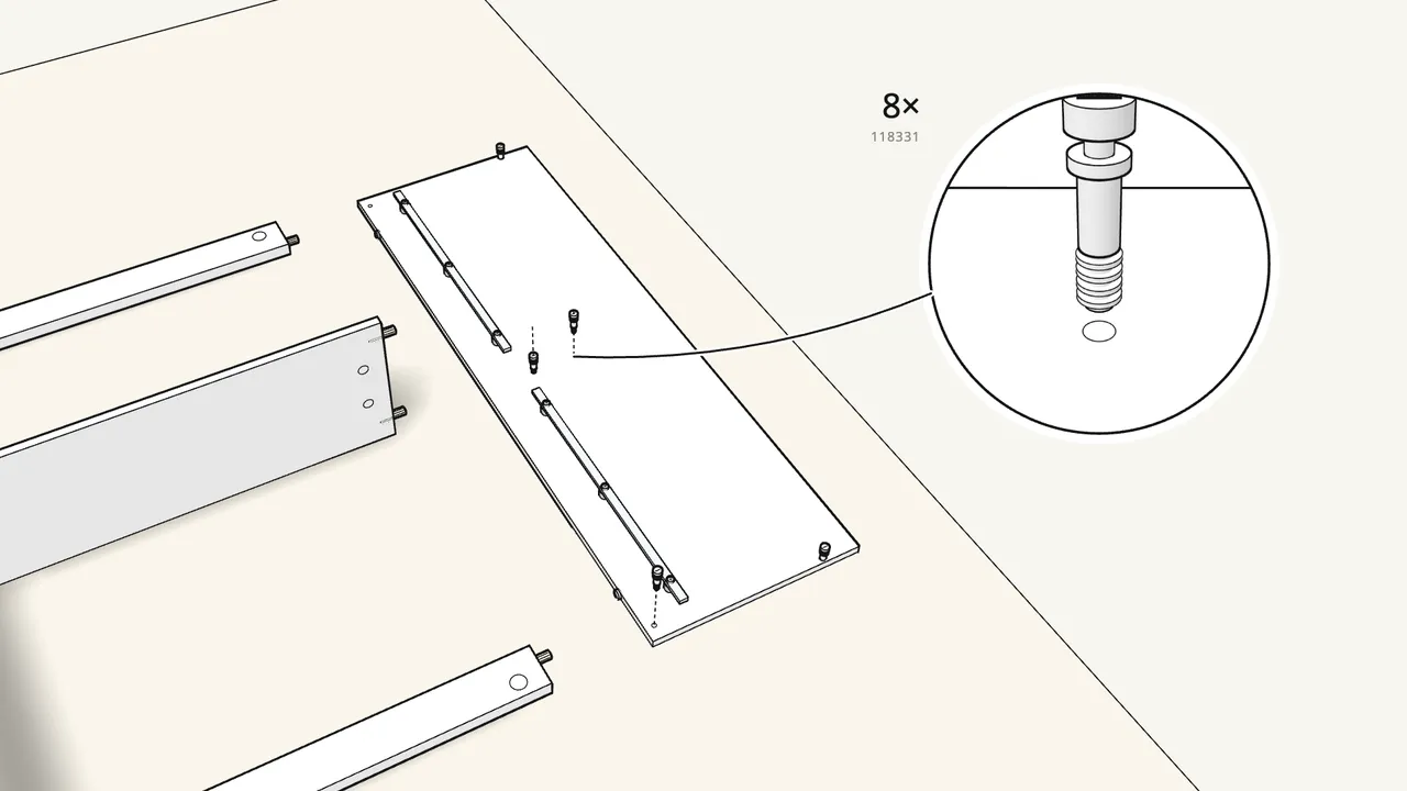 Step 8: Add felt pads, 114671 bolts and cam bolts to both end panels. — IKEA BRIMNES assembly