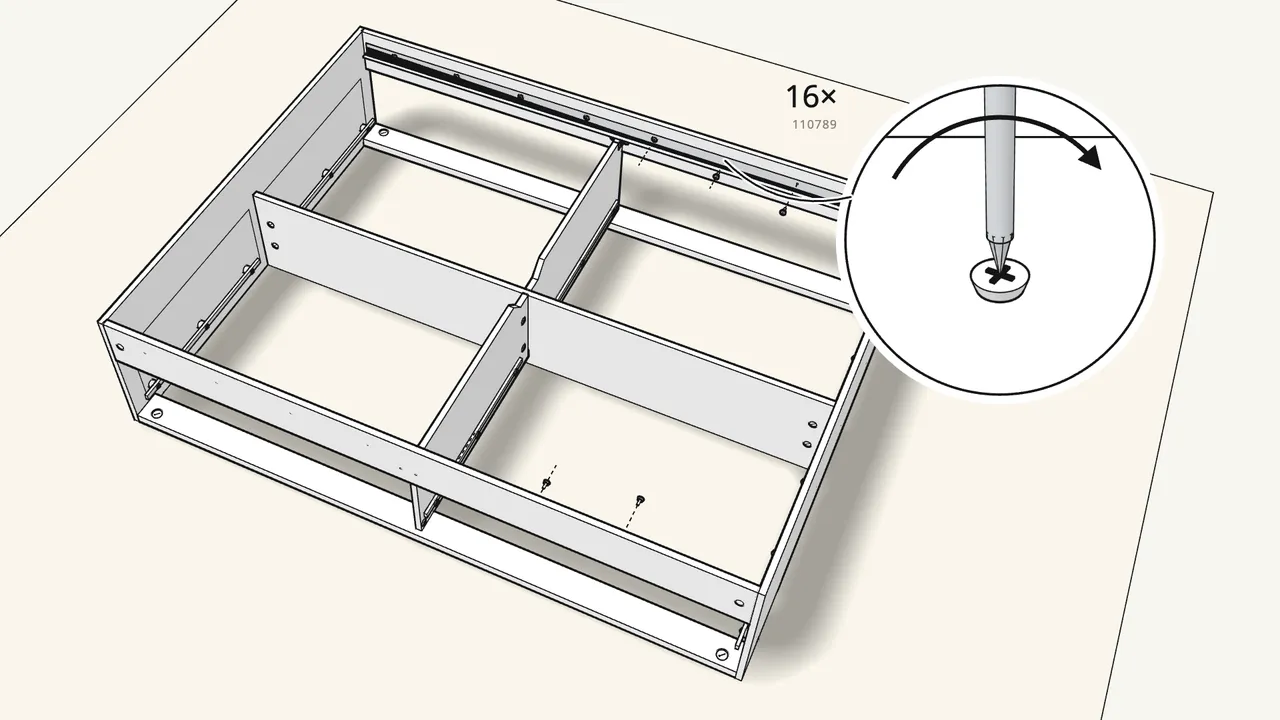 Step 14: Screw the slat supports inside both side rails: 16 screws (110789). — IKEA BRIMNES assembly