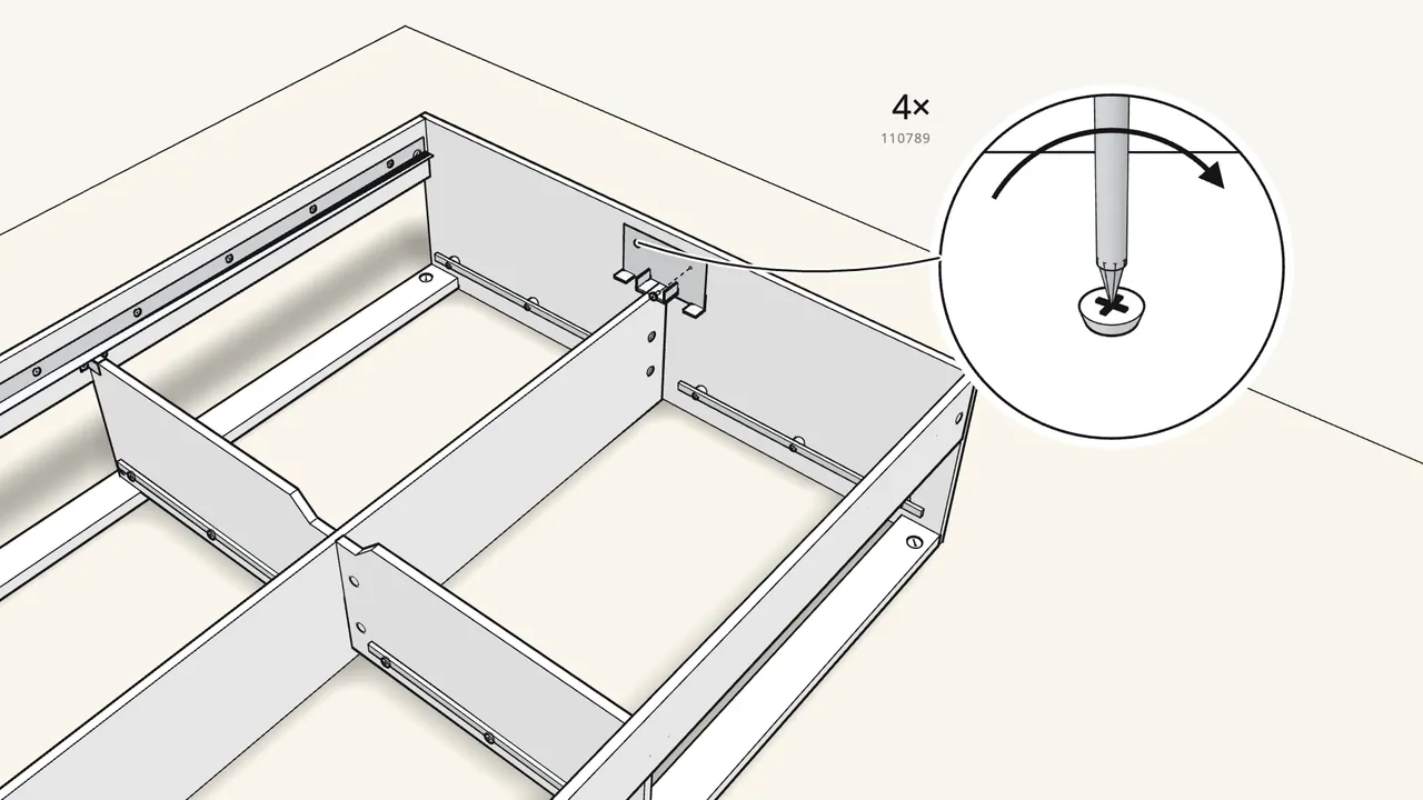 Step 15: Screw a beam bracket (116791) inside each end panel. — IKEA BRIMNES assembly