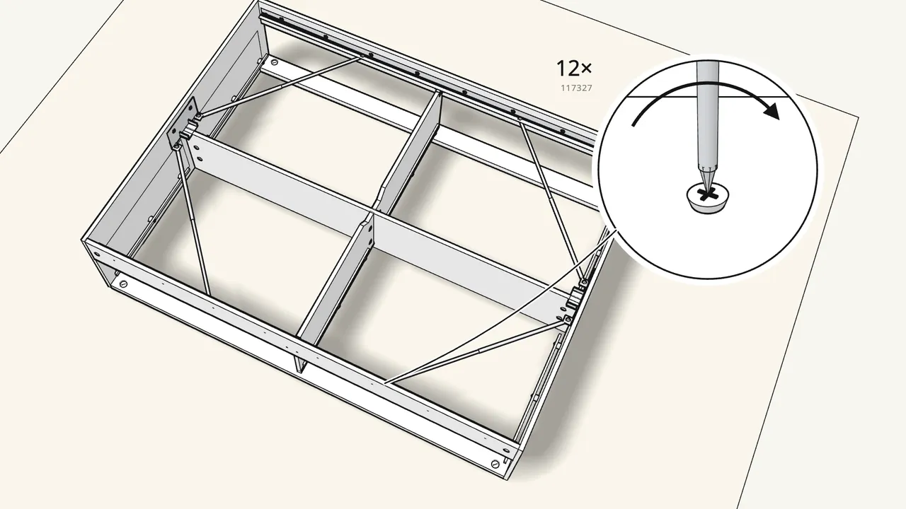 Step 16: Fit the 4 rods (117228), check the frame is square, then lock them. — IKEA BRIMNES assembly