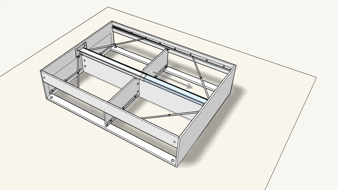 Step 17: Lay the centre beam on the brackets and pull it out to full length. — IKEA BRIMNES assembly