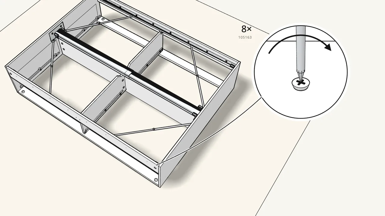 Step 18: Fix 8 slat clips (191315) with 8 screws (105163). — IKEA BRIMNES assembly