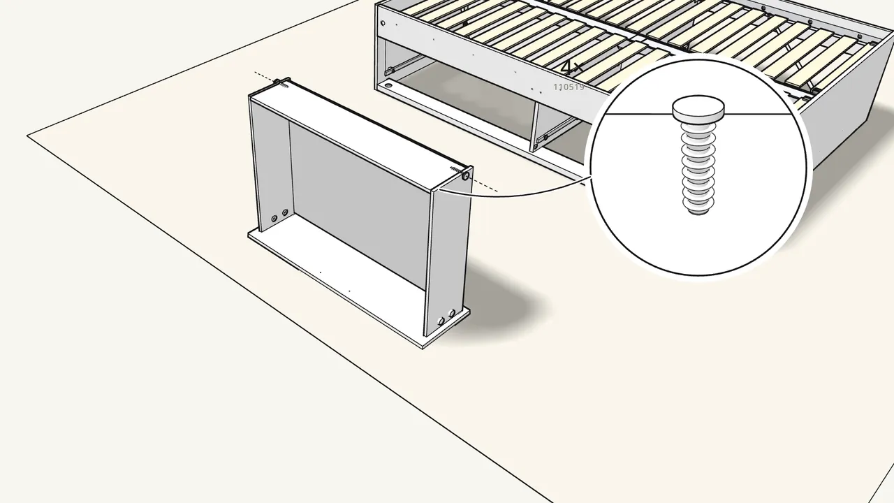 Step 22: Slide in the bottom, add the back, tap in 4 screw-dowels (110519). — IKEA BRIMNES assembly