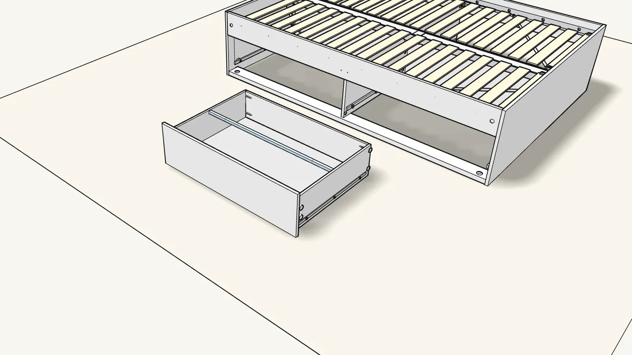 Step 23: Turn it over; fit the runners, the rod and the handle. — IKEA BRIMNES assembly