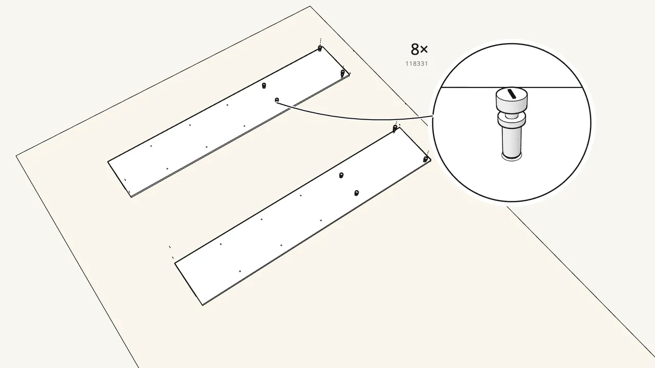 Step 1: Lay both side panels flat. Screw in 8 cam bolts (118331). — IKEA BRIMNES assembly