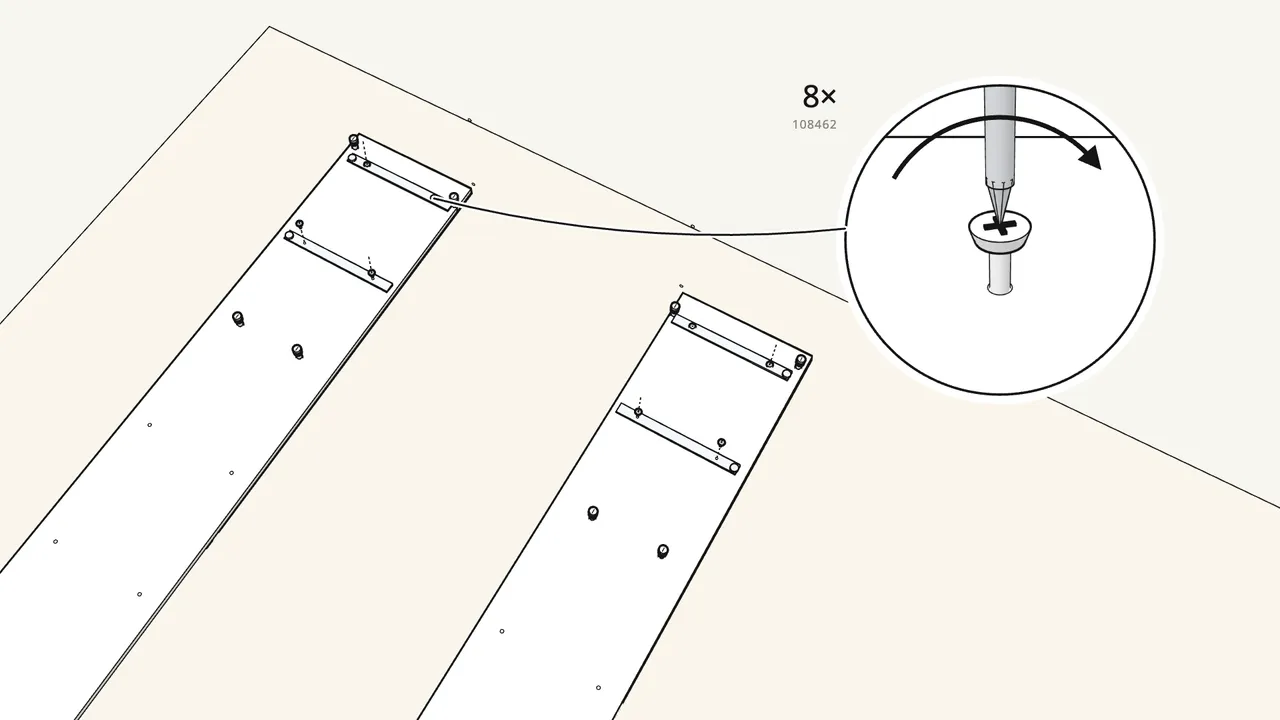 Step 2: Screw 2 runners (130501) onto each side panel. — IKEA BRIMNES assembly