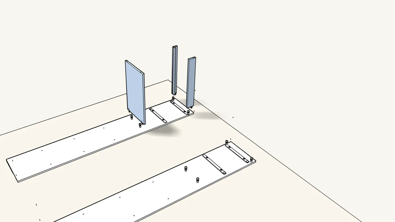 Step 3: Push 4 dowels (101345) into the fixed shelf and the 2 rails. — IKEA BRIMNES assembly
