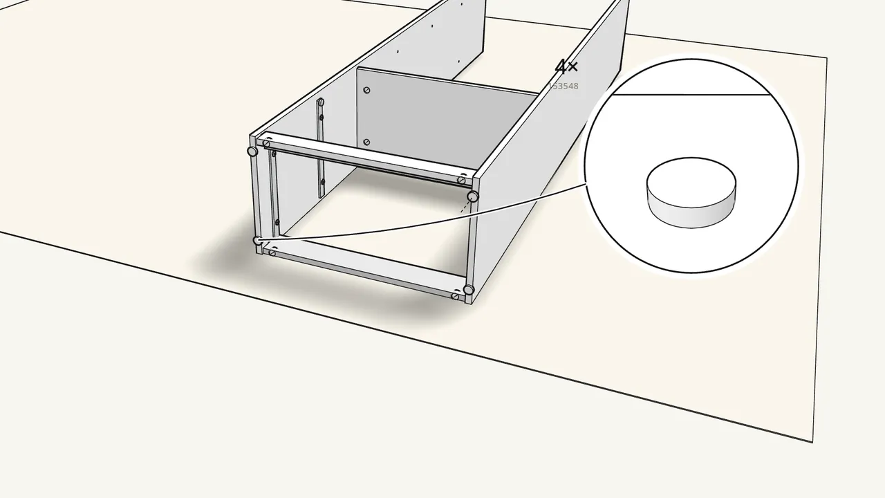 Step 7: Press 4 glides (153548) into the bottom ends of the sides. — IKEA BRIMNES assembly