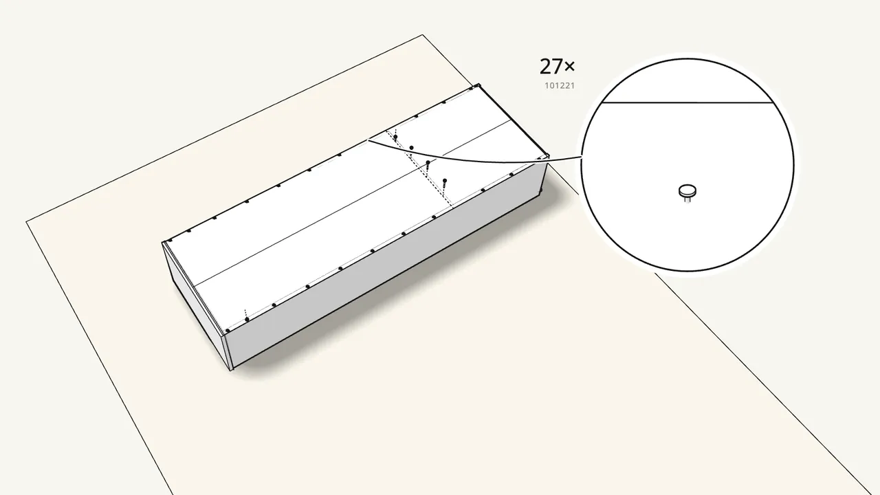 Step 13: Draw a line across at the marks. Nail on the back with 27 nails. — IKEA BRIMNES assembly