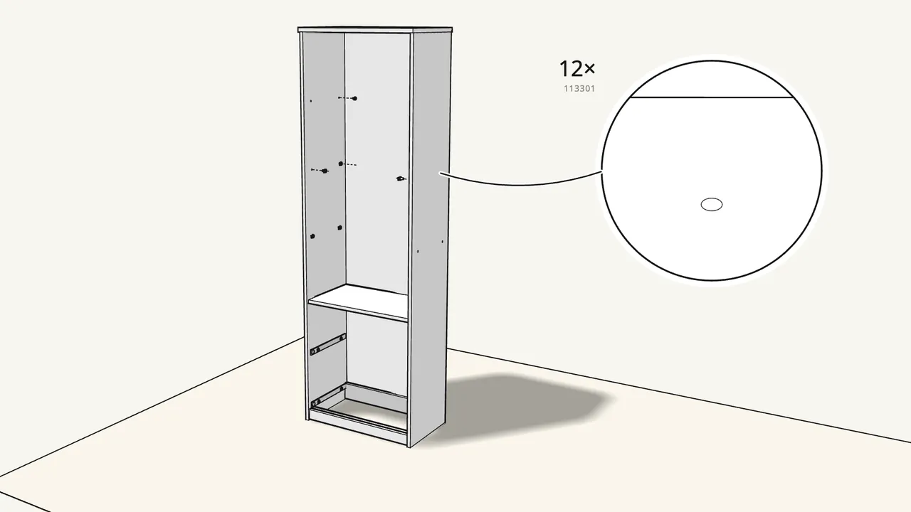 Step 14: Stand the bookcase up. Push in 12 shelf supports (113301). — IKEA BRIMNES assembly