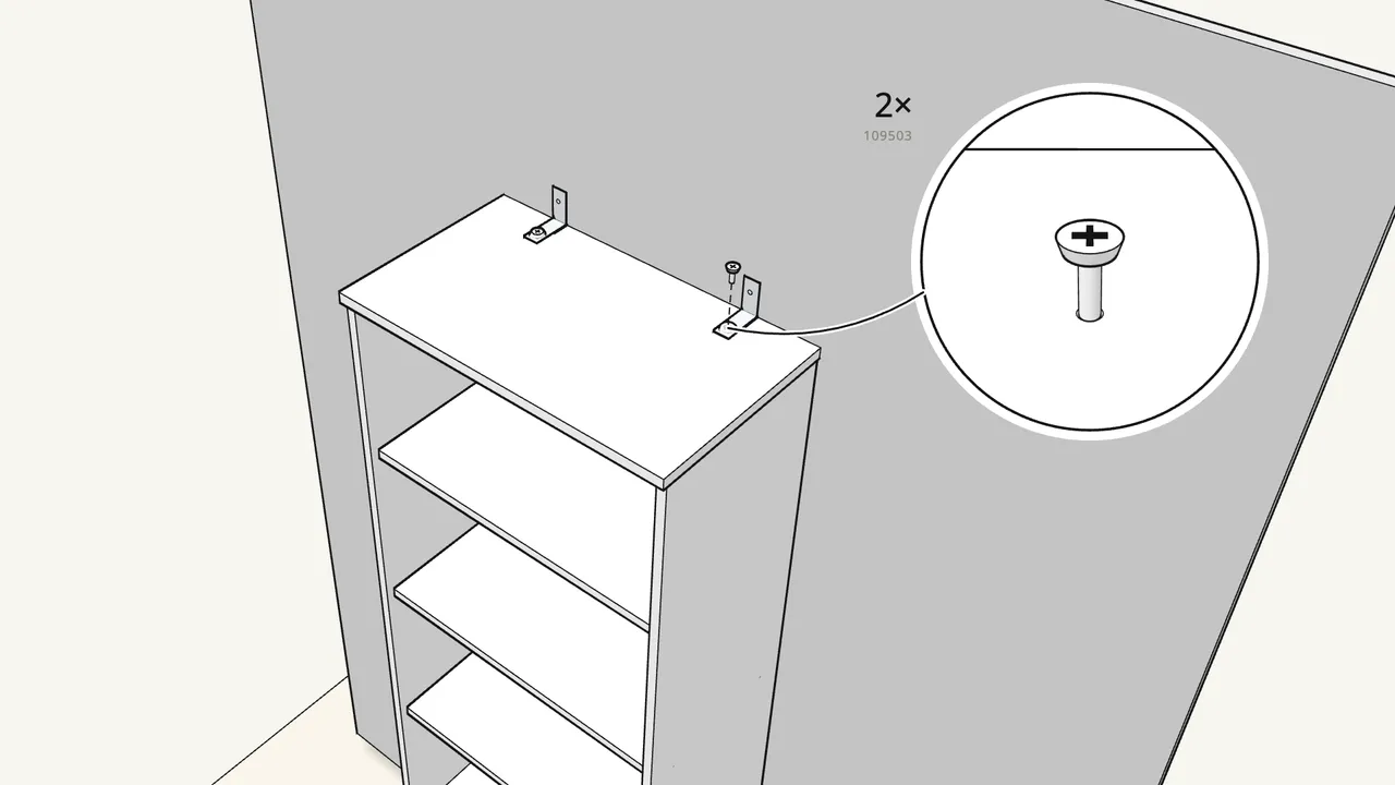 Step 16: Screw 2 wall brackets (106989) onto the top. — IKEA BRIMNES assembly