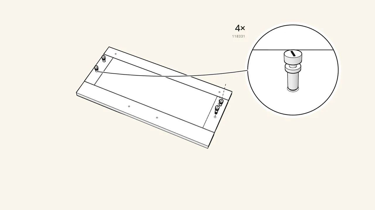 Step 18: Now the 2 drawers. Screw 4 cam bolts (118331) into the drawer front. — IKEA BRIMNES assembly